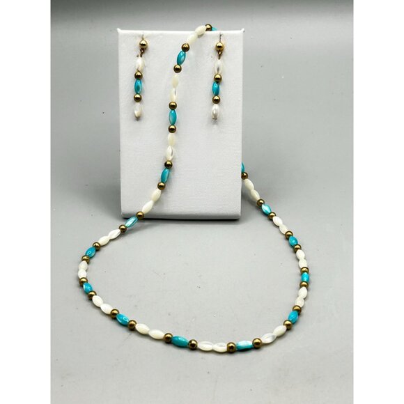 Necklace & Earrings Set White Turquoise Dyed Mother of Pearl Beads Gold Accents - Picture 2 of 6